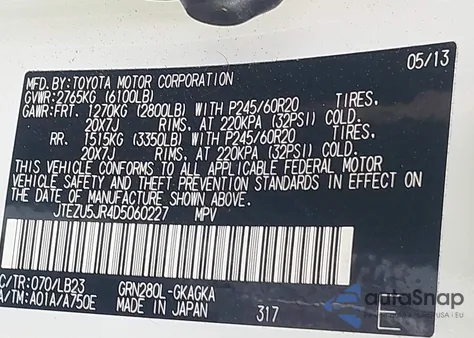 2013 Toyota 4Runner Limited from USA, damaged, VIN JTEZU5JR4D5060227